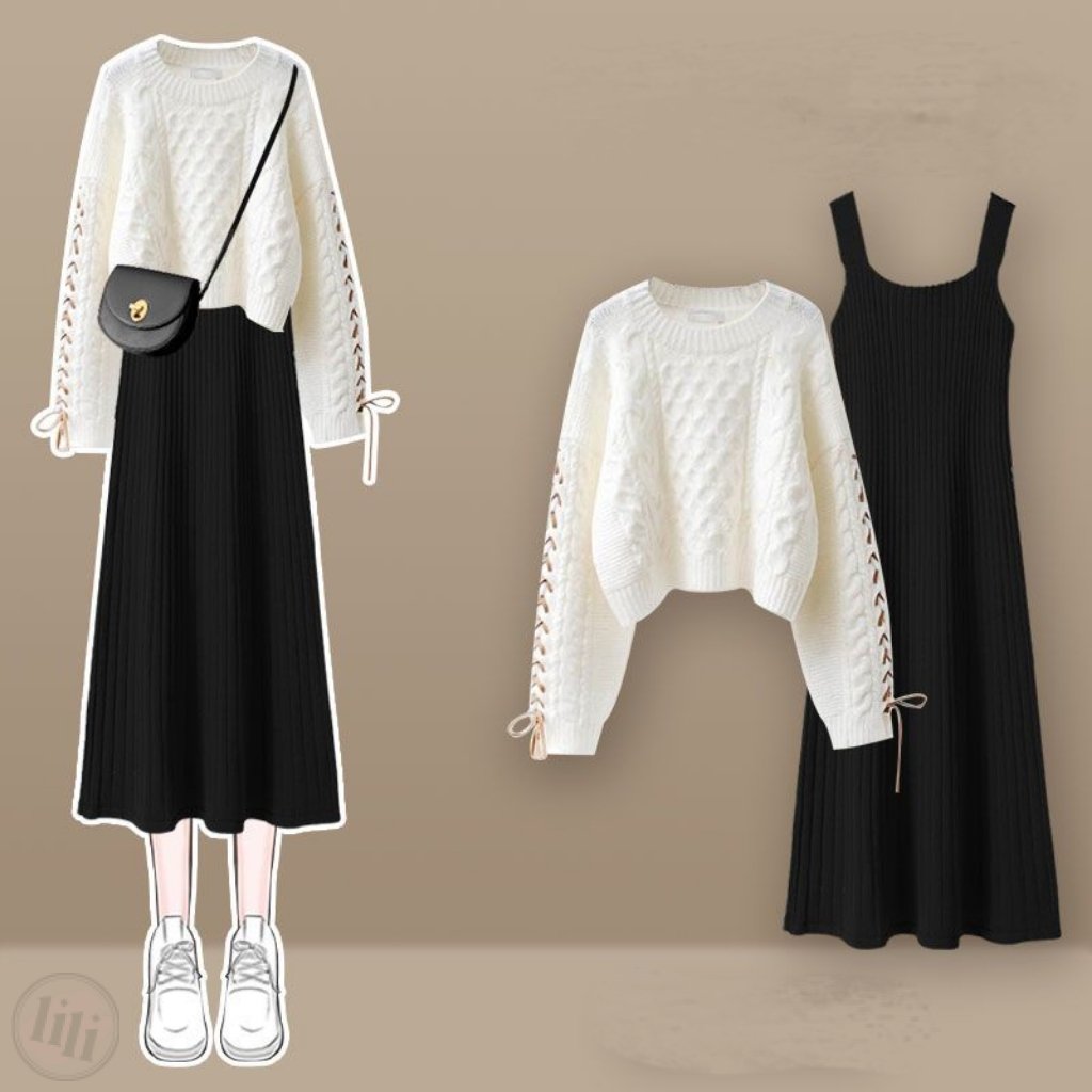白色/毛衣+黑色/洋裝