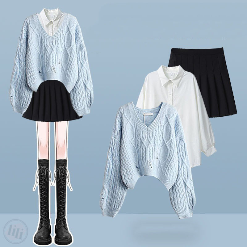 淺藍色毛衣+白色襯衫/兩件套