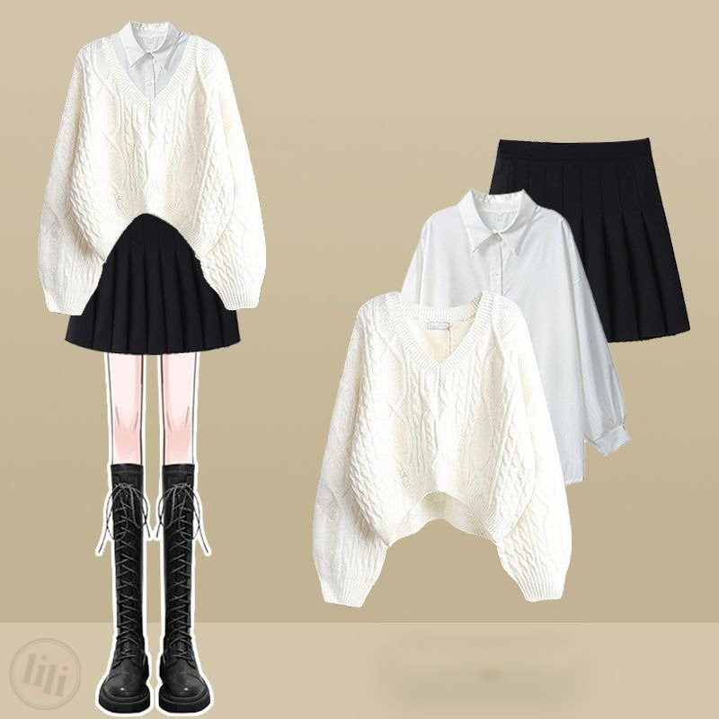白色毛衣+襯衫+黑色百褶裙/三件套