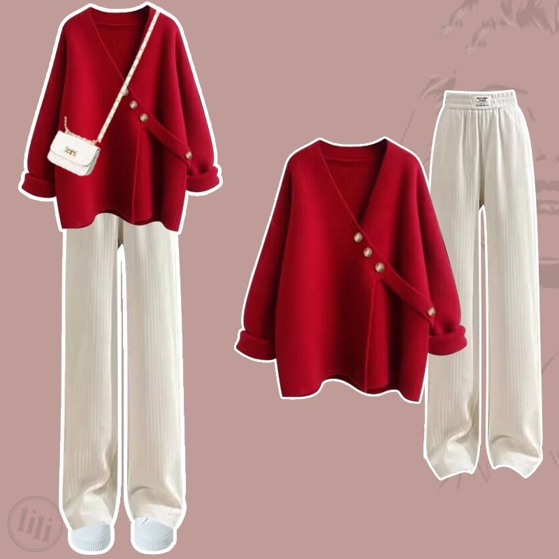 紅色/毛衣+米白色/寬褲