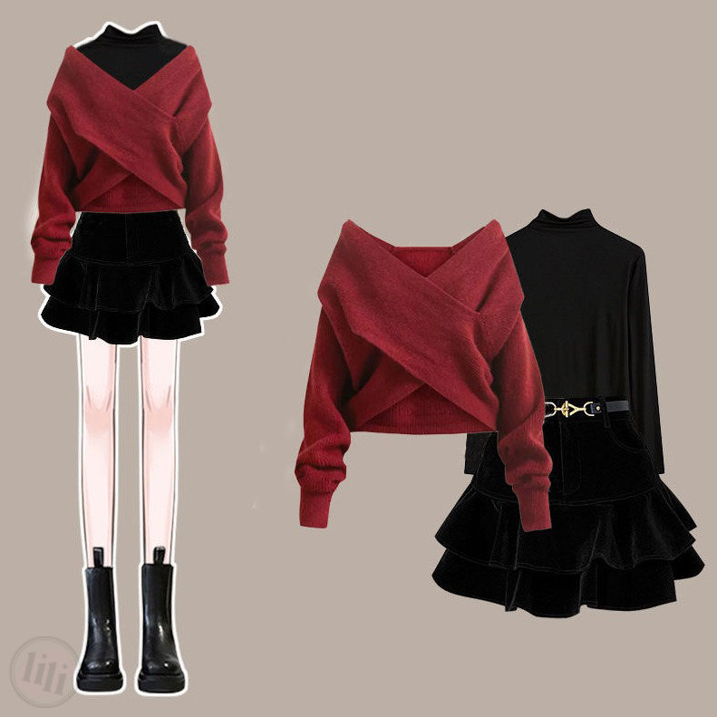 紅色毛衣+黑色內搭T+黑色半身裙/三件套