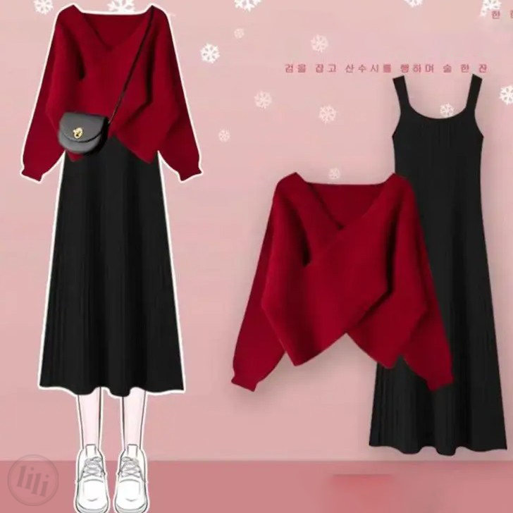 红色上衣+黑色连衣裙