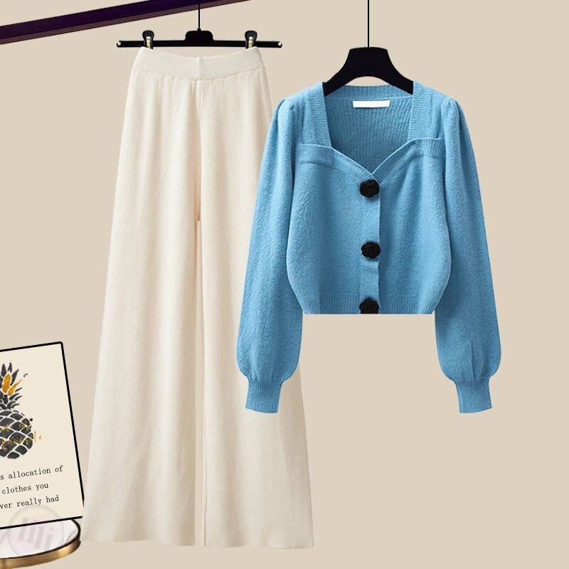 藍色/毛衣+米白色/長褲