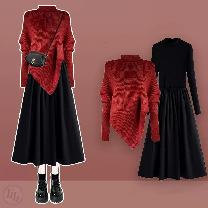 紅色/毛衣+黑色/洋裝/套裝