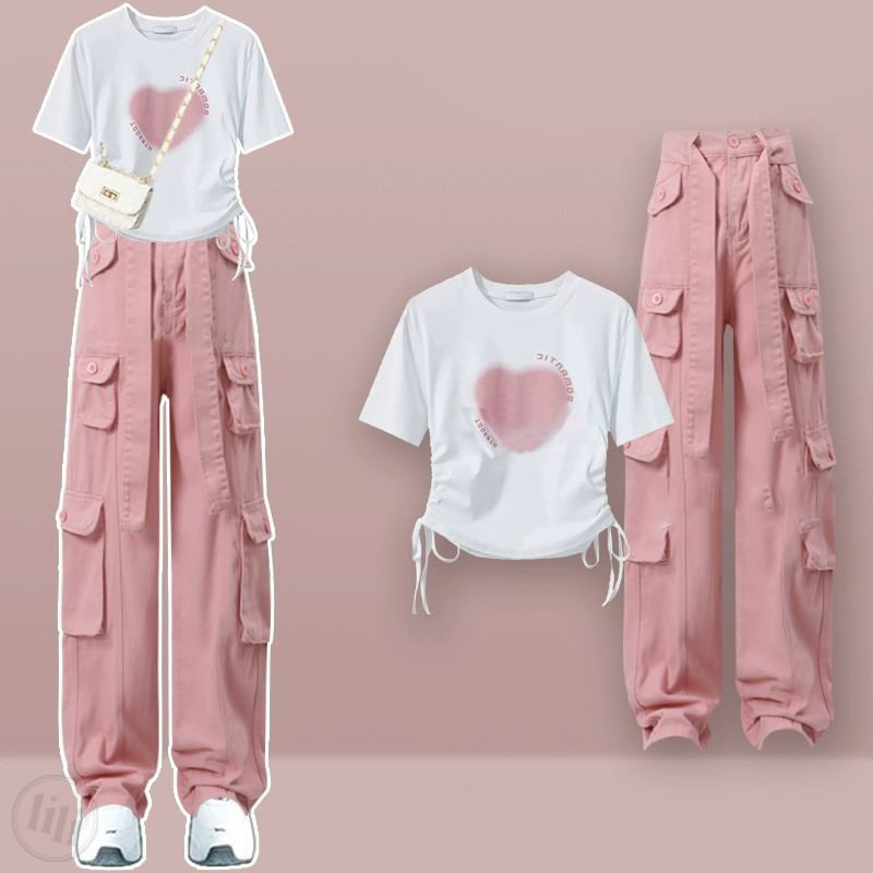 白色T袖/+粉色長褲/套裝