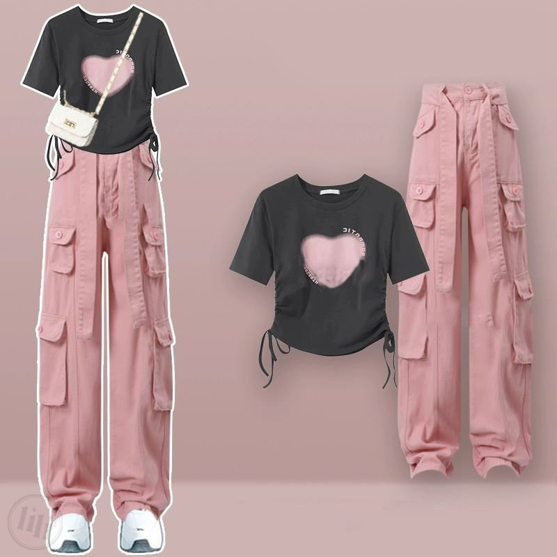 黑色T袖/+粉色長褲/套裝
