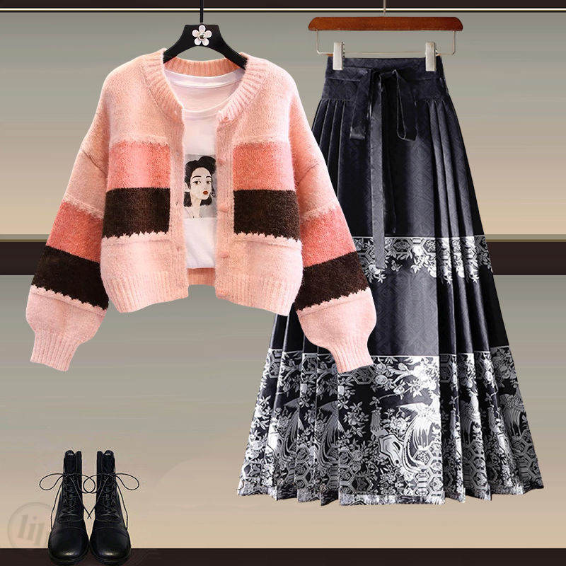 粉色/毛衣+黑色02/半身裙類