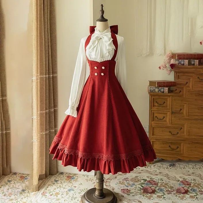 白色/襯衫+紅色/長洋裝