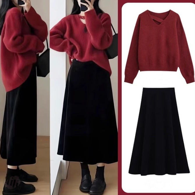 紅色/毛衣+黑色/裙類