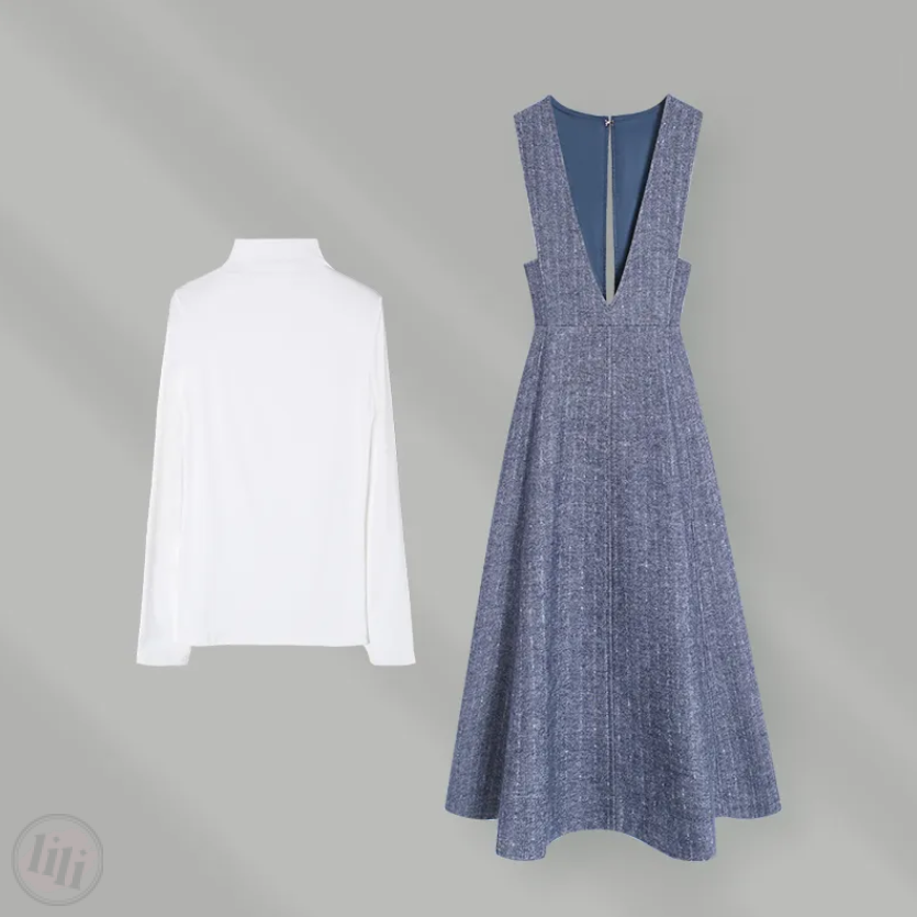 白色/毛衣+藍色/洋裝