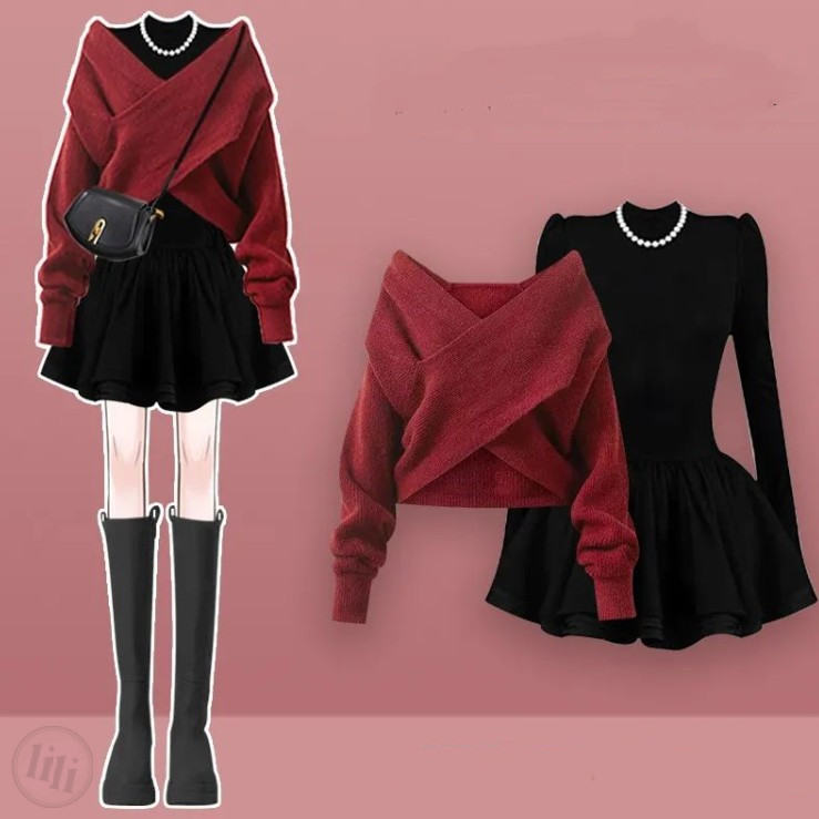 紅色毛衣+黑色洋裝