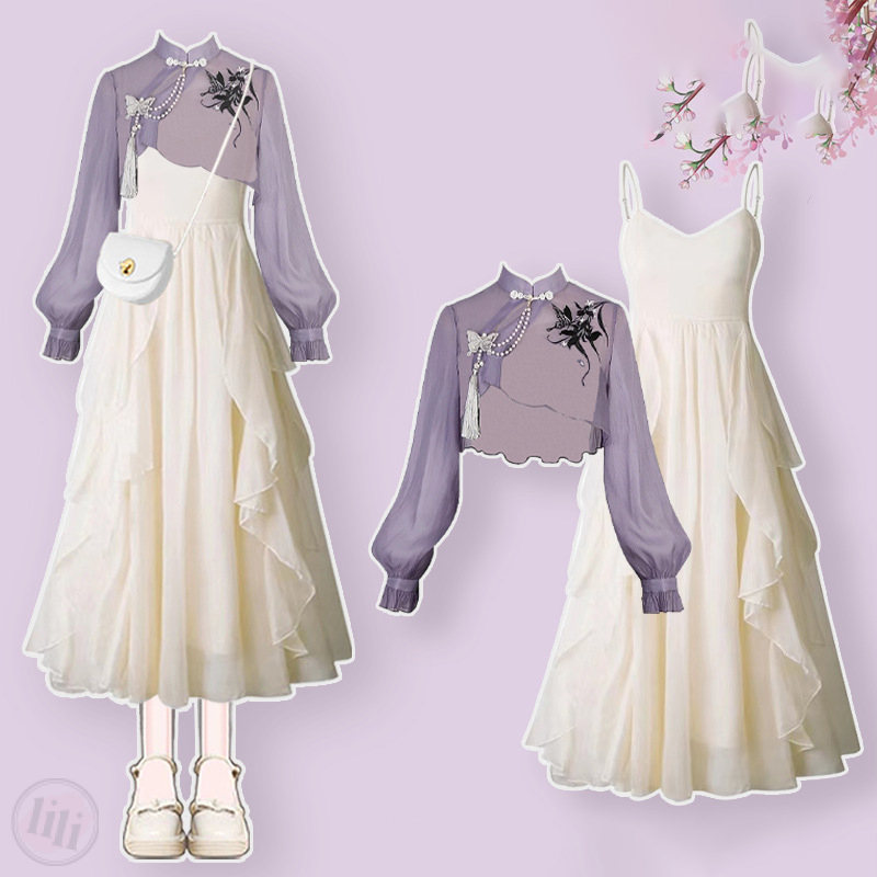 紫色上衣+白色洋裝
