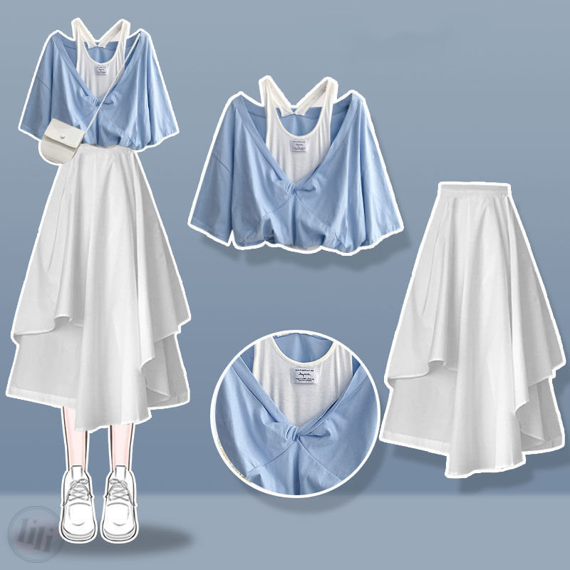 藍色上衣+白色半身裙