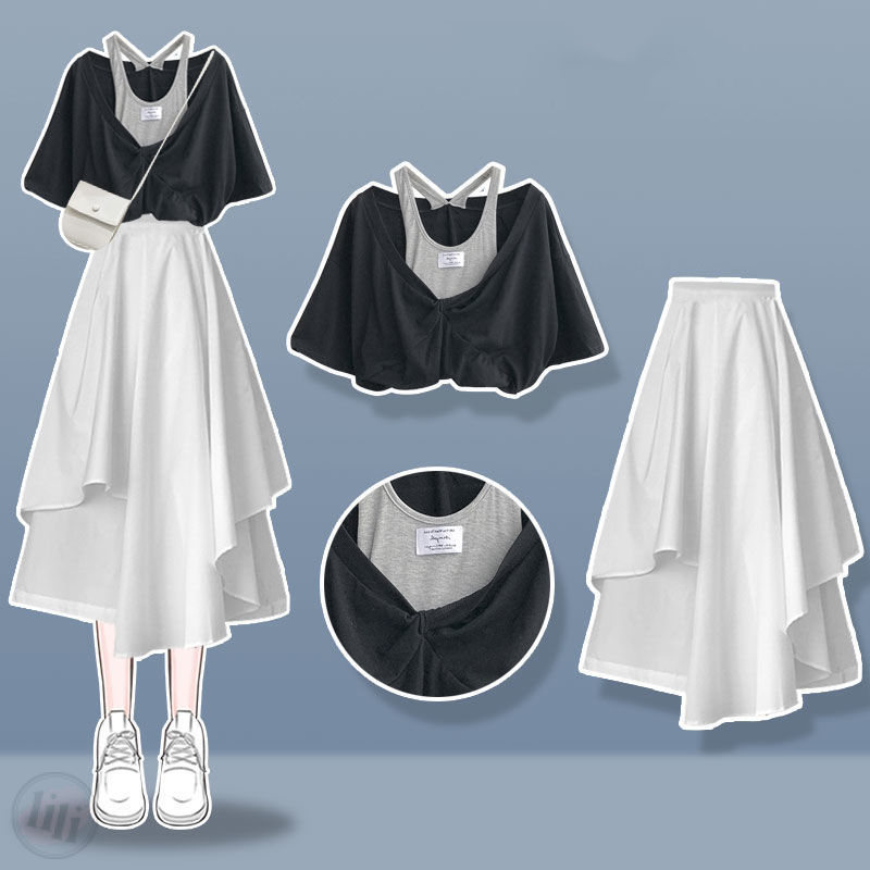 黑色上衣+白色半身裙
