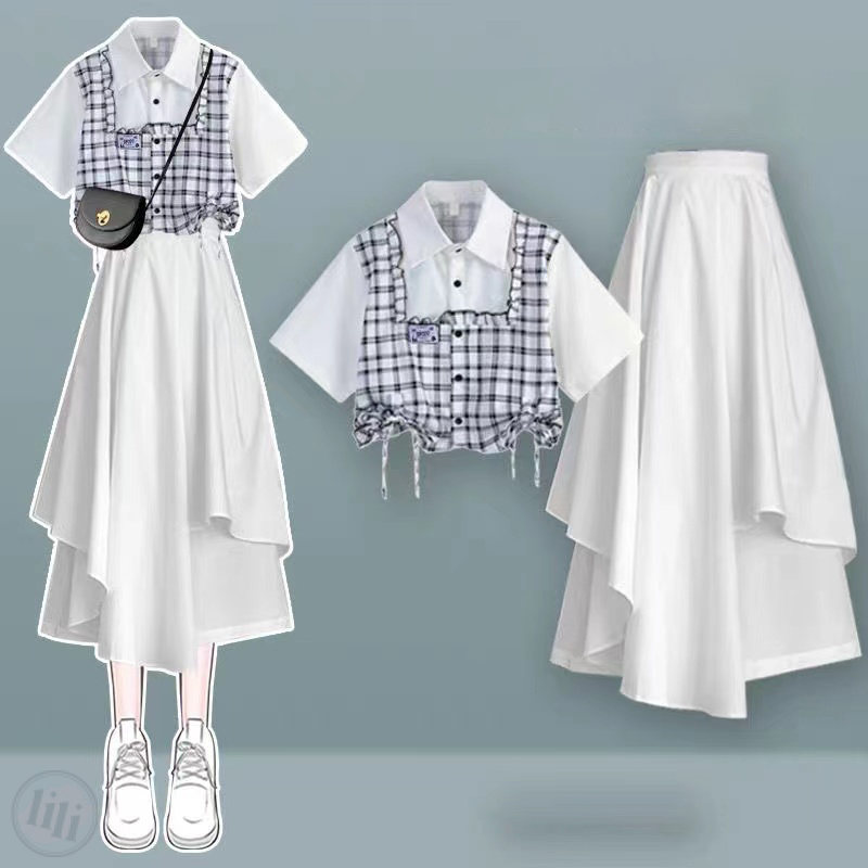 格子/襯衫+白色/裙類/套裝