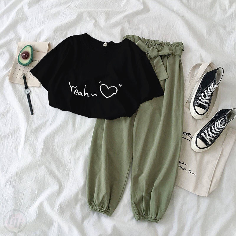黑色/T恤+綠色/褲子