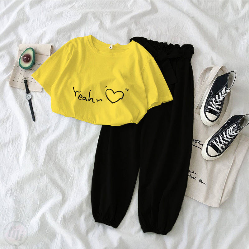黃色/T恤+黑色/褲子